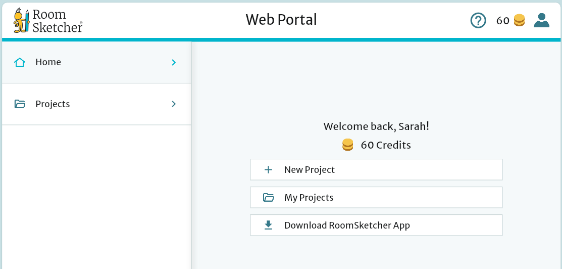 Web portal showing home screen where you can see your available Credits