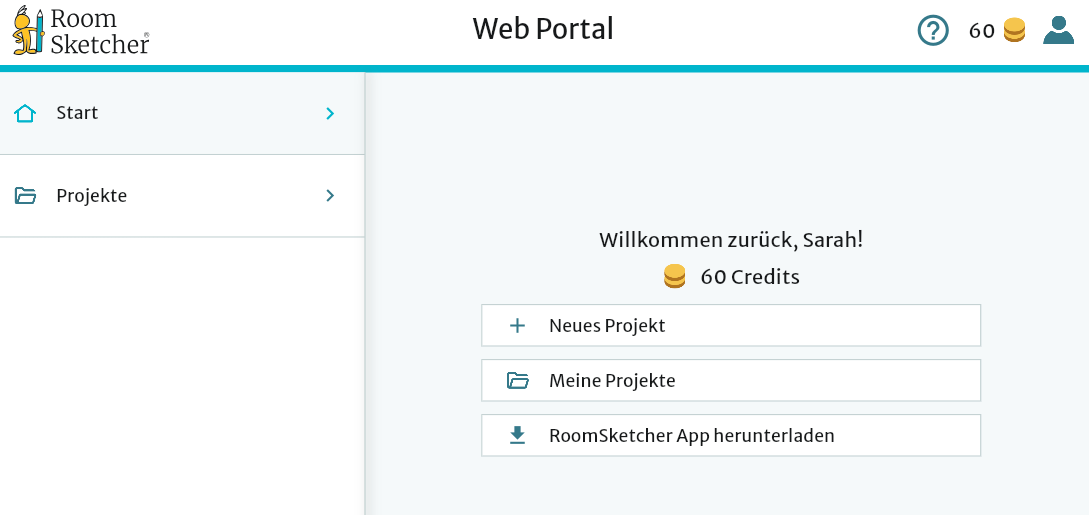 Web Portal Startseite, auf der die Credits sofort einsehbar sind