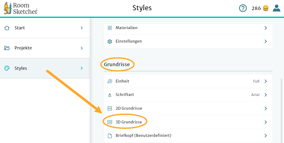 styles menü - gehe dann zu 3d grundrisse