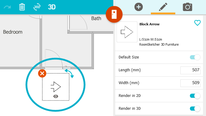 Add text, arrows, lines, areas on the 2D plan